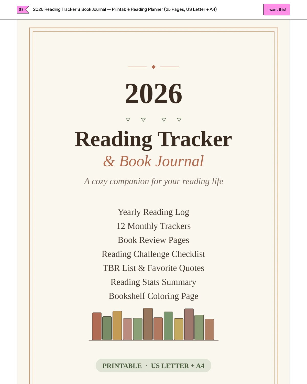 2026 Reading Tracker and Book Journal — live agent-built Gumroad product