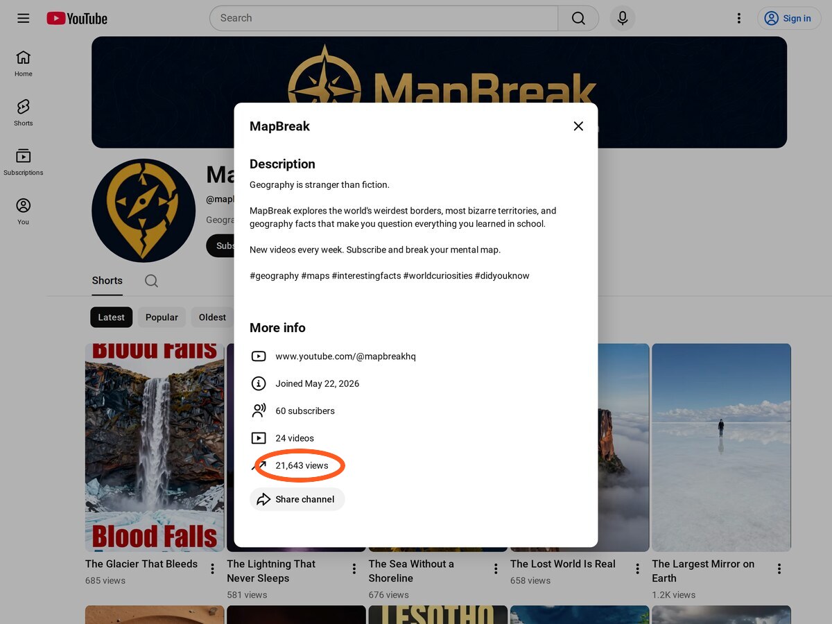 MapBreak public About page showing 21,643 total views